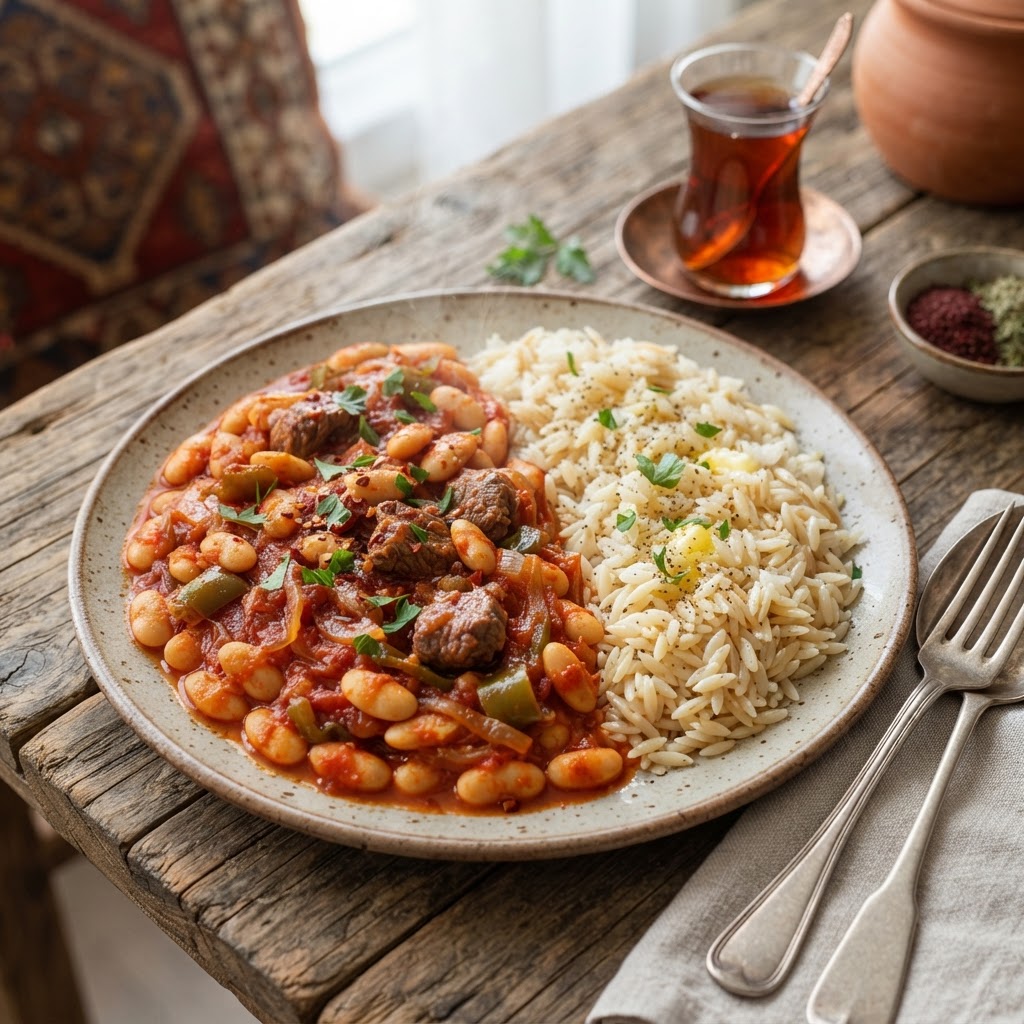 Türkisches Kuru Fasulye - weiße Bohnen in Tomatensauce mit Reis