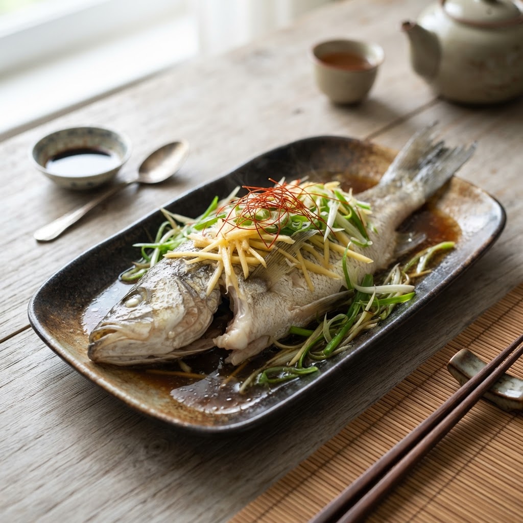 Chinesischer Qingzheng Yu - gedämpfter Fisch mit Ingwer und Frühlingszwiebeln