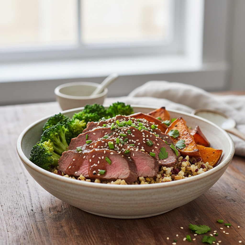 Rindfleisch-Bowl mit Brokkoli und Süßkartoffel