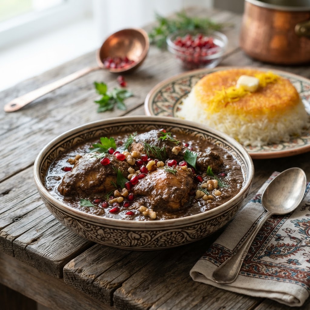 Persisches Khoresh Fesenjan - Hähnchen in Walnuss-Granatapfel-Sauce