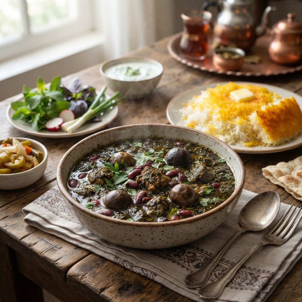 Persisches Ghormeh Sabzi - Kräuter-Bohnen-Eintopf mit Lamm