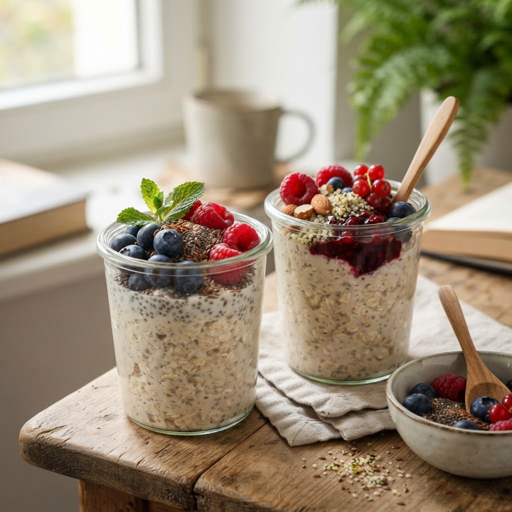 Overnight Oats mit Beeren, Chia und Sojadrink