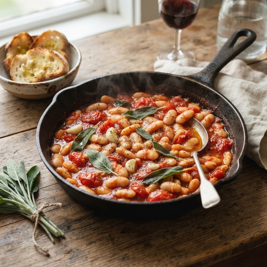Toskanische Fagioli all'uccelletto - weiße Bohnen in Tomate und Salbei