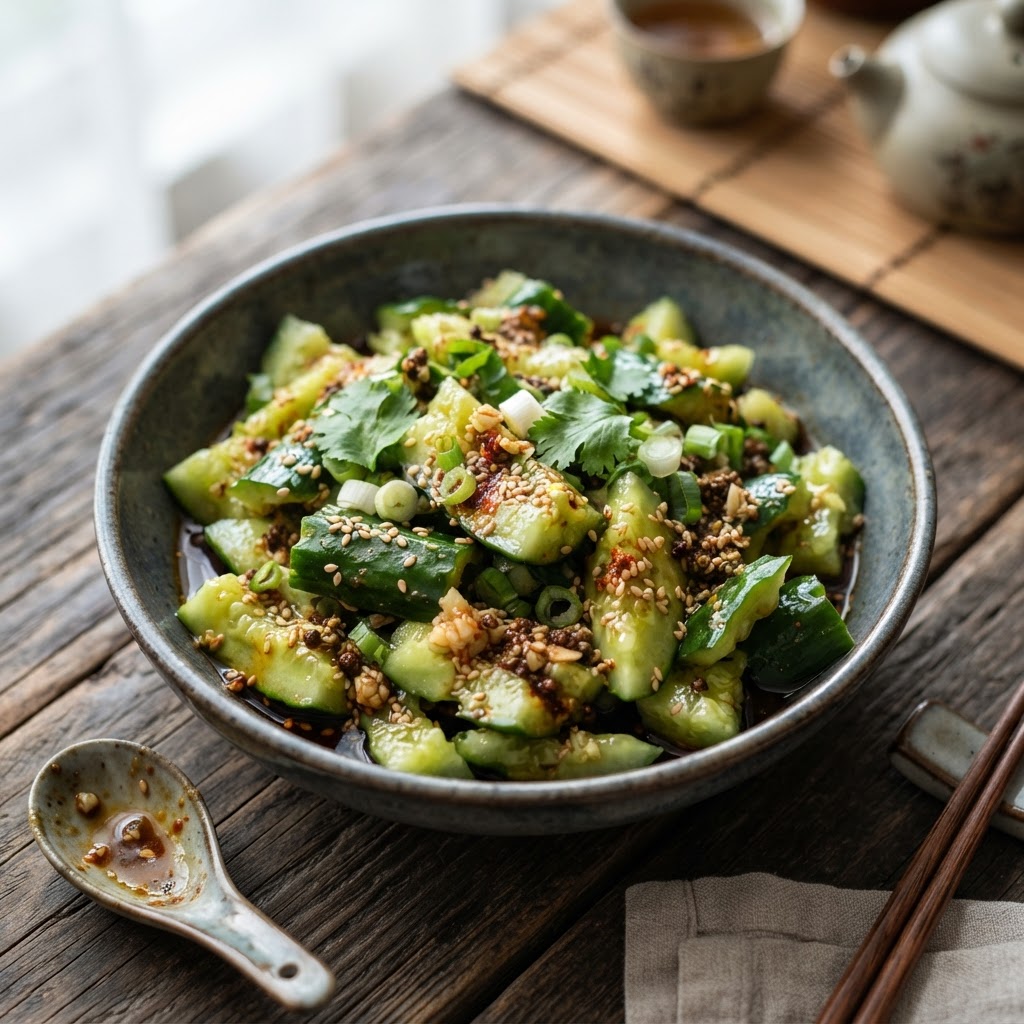 Chinesischer Liangban Huanggua - geschlagener Gurkensalat mit Knoblauch