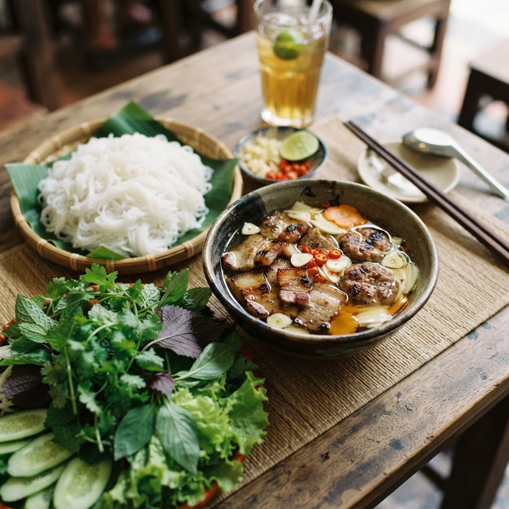 Vietnamesisches Bún Chả - gegrilltes Schweinefleisch mit Reisnudeln