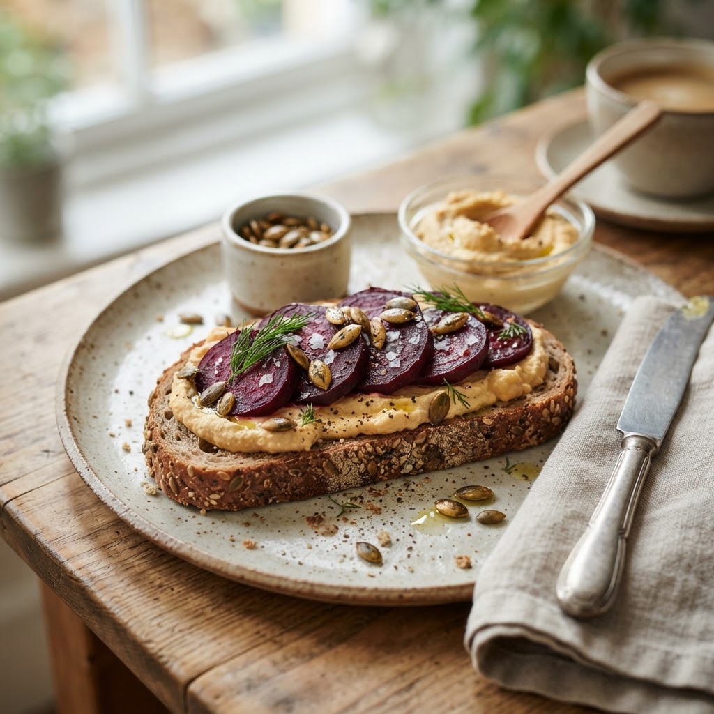 Vollkornbrot mit Hummus, Roter Bete und Kürbiskernen