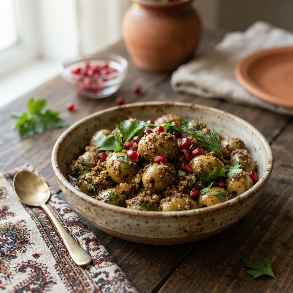 Persisches Zeytoon Parvardeh - marinierte Oliven mit Walnuss und Granatapfel