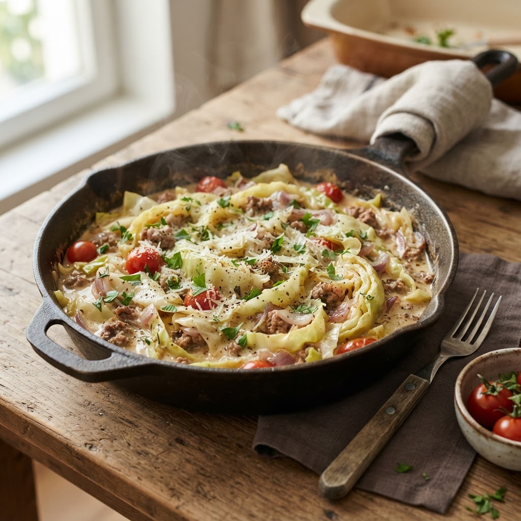Cremige Spitzkohlpfanne mit Hackfleisch