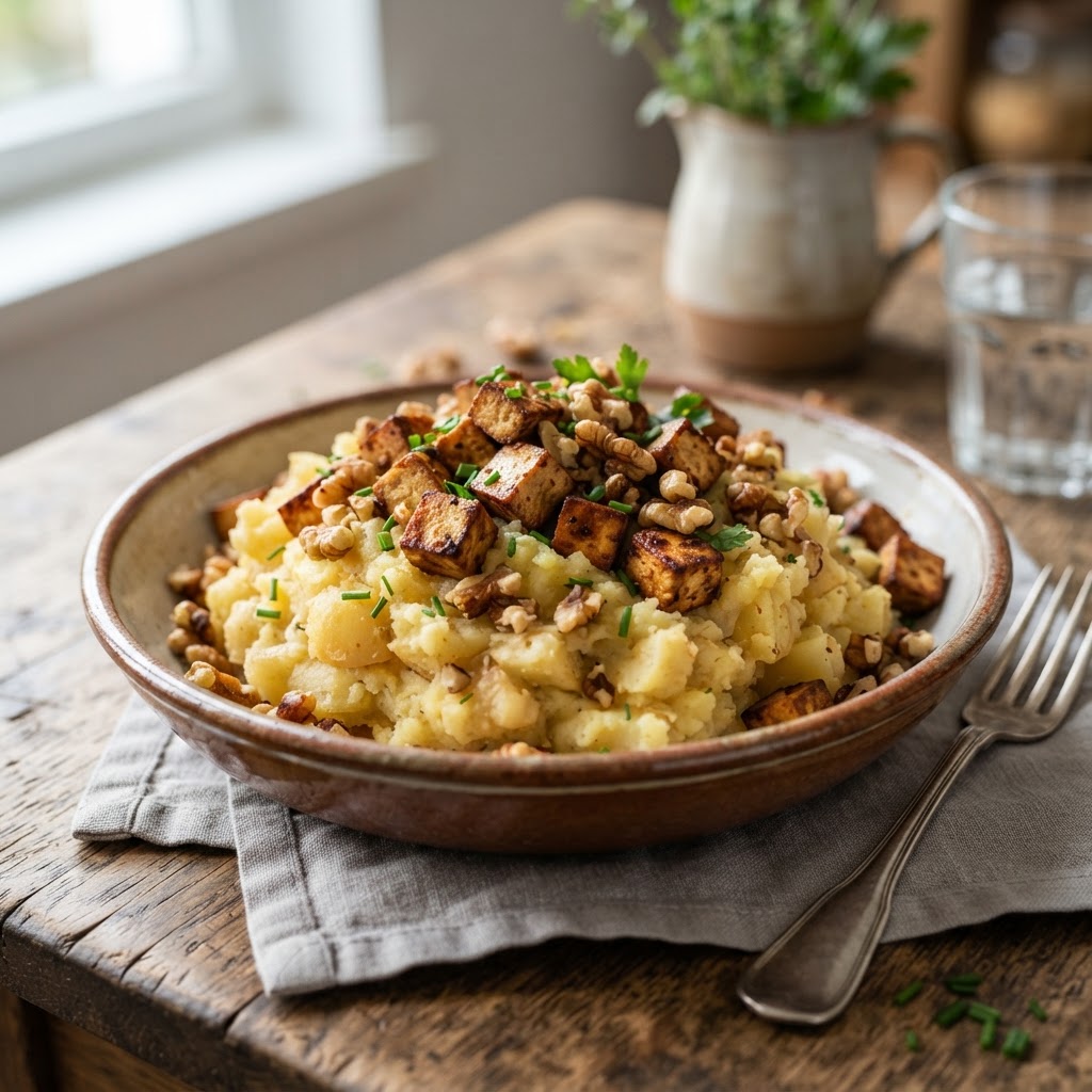 Himmel un Ääd mit Räuchertofu und Walnuss