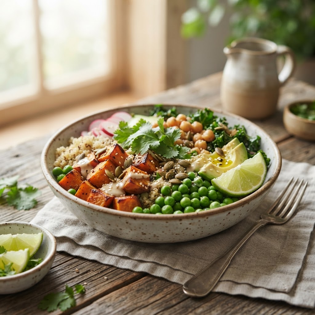 Süßkartoffel-Bowl mit grünen Erbsen