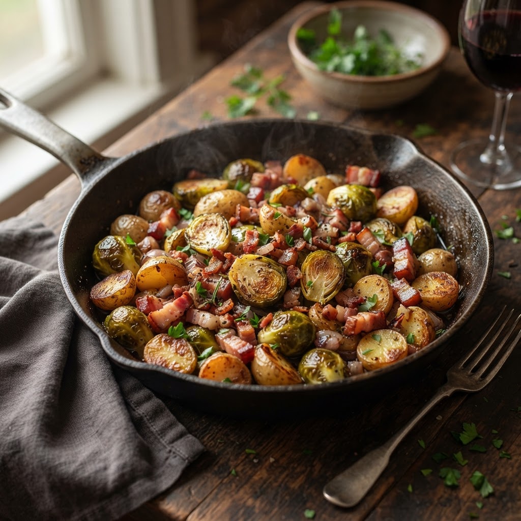 Rosenkohl-Kartoffel-Pfanne mit Speck