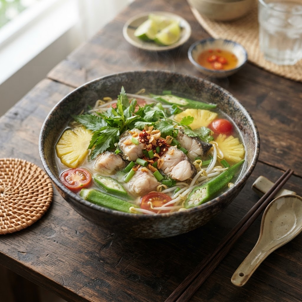 Vietnamesisches Canh Chua - süß-saure Fischsuppe mit Ananas