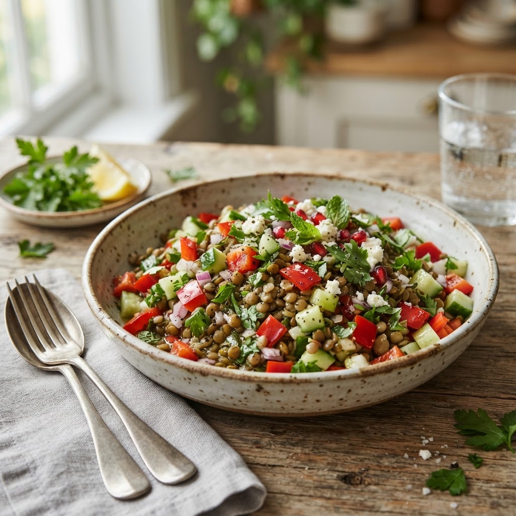 Linsensalat mit Paprika und Gurke