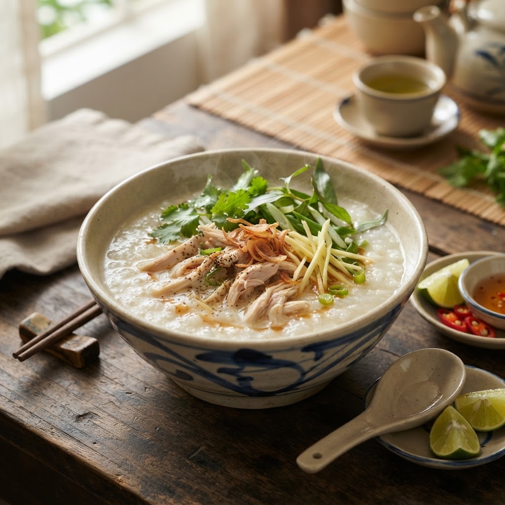 Vietnamesisches Cháo Gà - Reissuppe mit Hähnchen und Ingwer