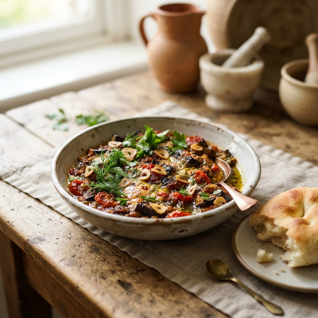 Persisches Mirza Ghasemi - geschmorte Aubergine mit Tomate und Ei