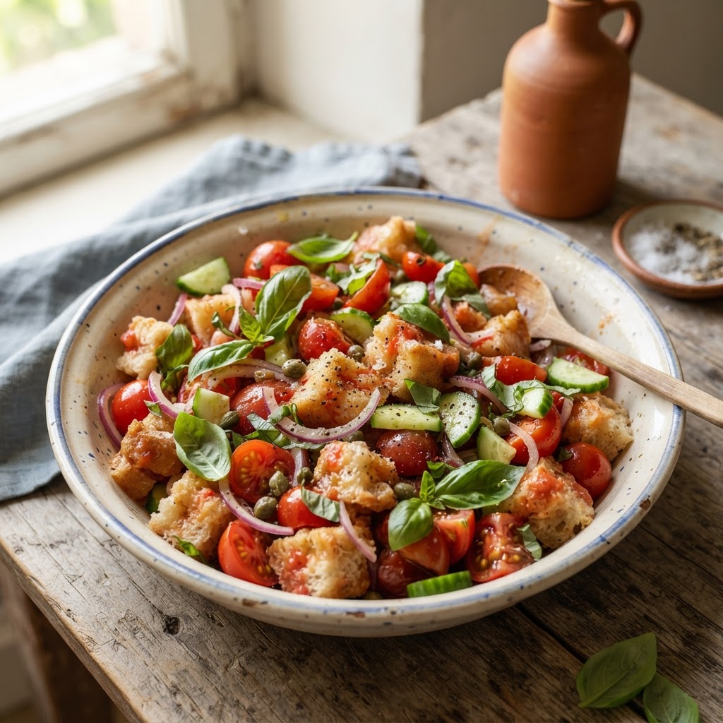 Toskanische Panzanella - Brotsalat mit Tomaten und Basilikum