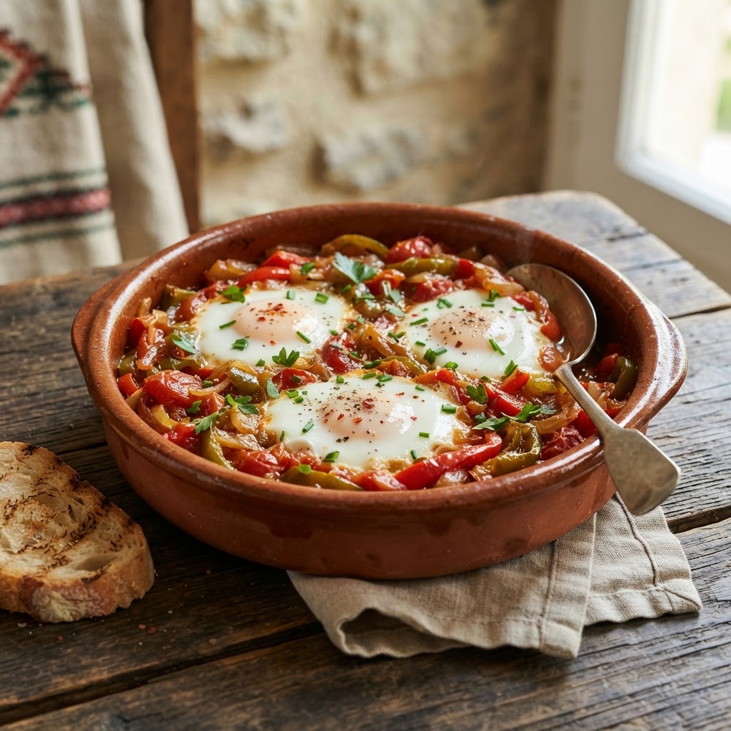 Baskische Piperade - Paprikaragout mit Ei