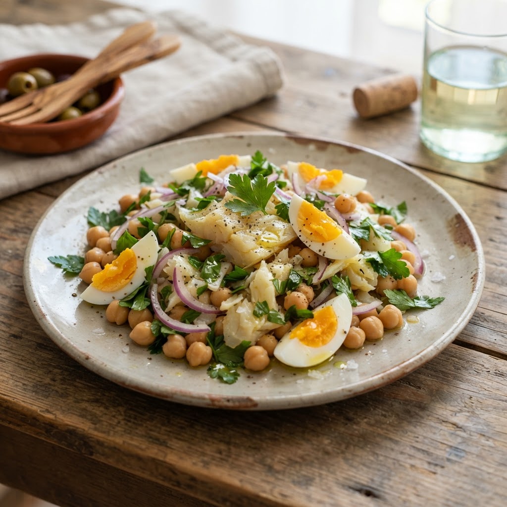 Portugiesischer Bacalhau com grão - Kabeljau mit Kichererbsen und Ei