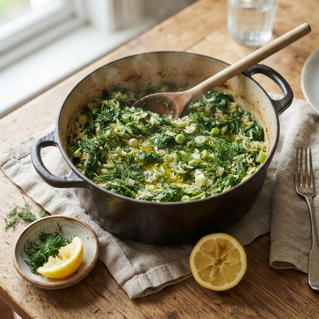 Griechisches Spanakorizo - Spinatreis mit Dill und Zitrone