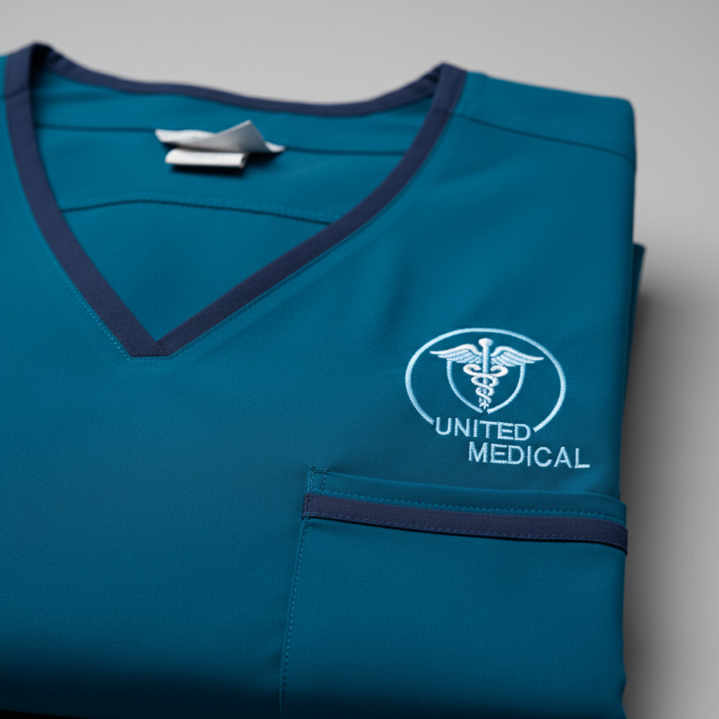 Medical scrubs with embroidered logo