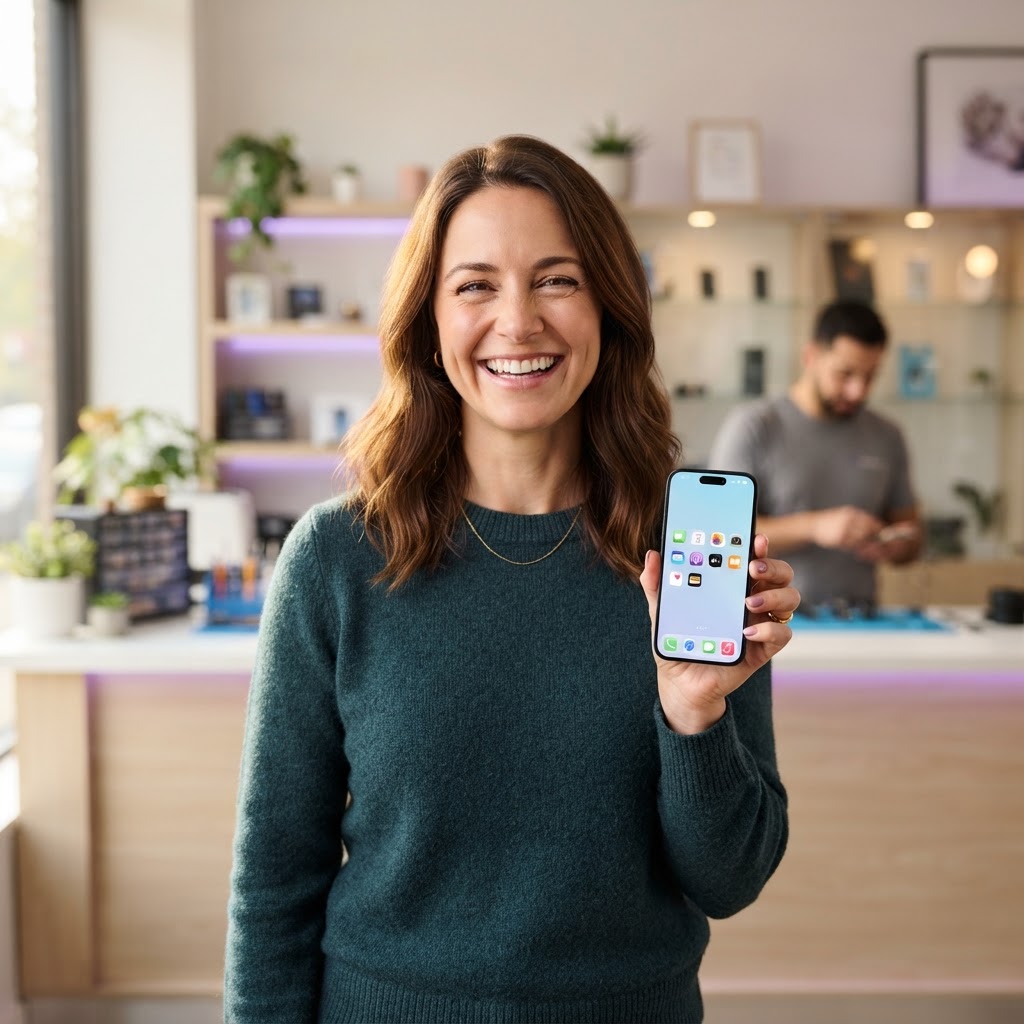 Happy customer holding her repaired phone