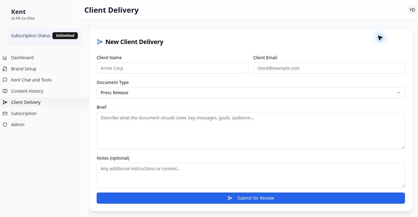 Kent Client Delivery form submitting a press release brief for expert review, with client name, document type, brief, and notes fields.
