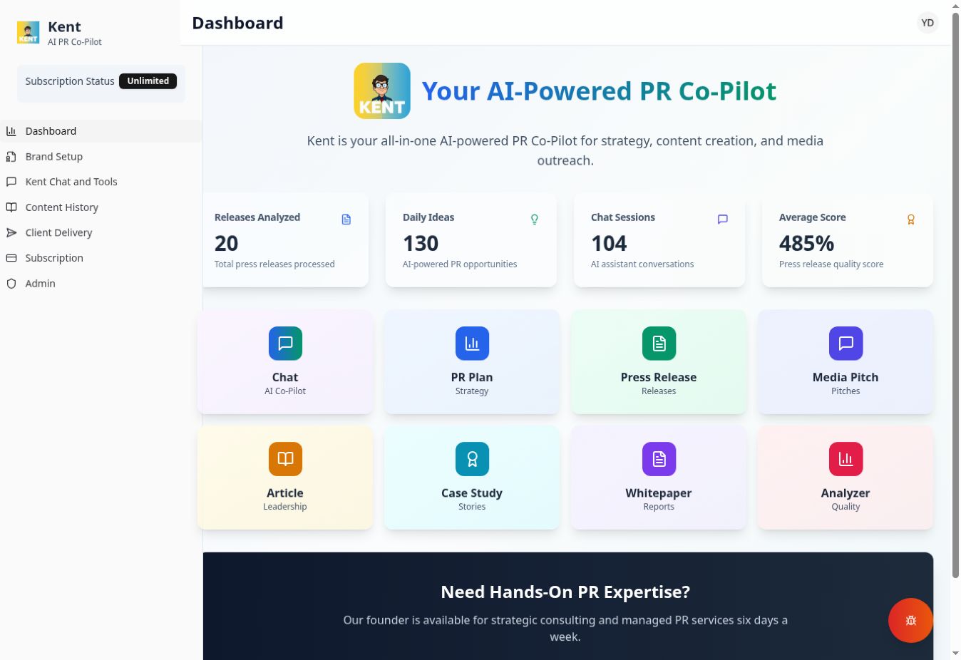 Kent dashboard showing release analytics, daily ideas, chat sessions, and a grid of PR tools including press release writer, media pitch creator, case study developer, and analyzer.