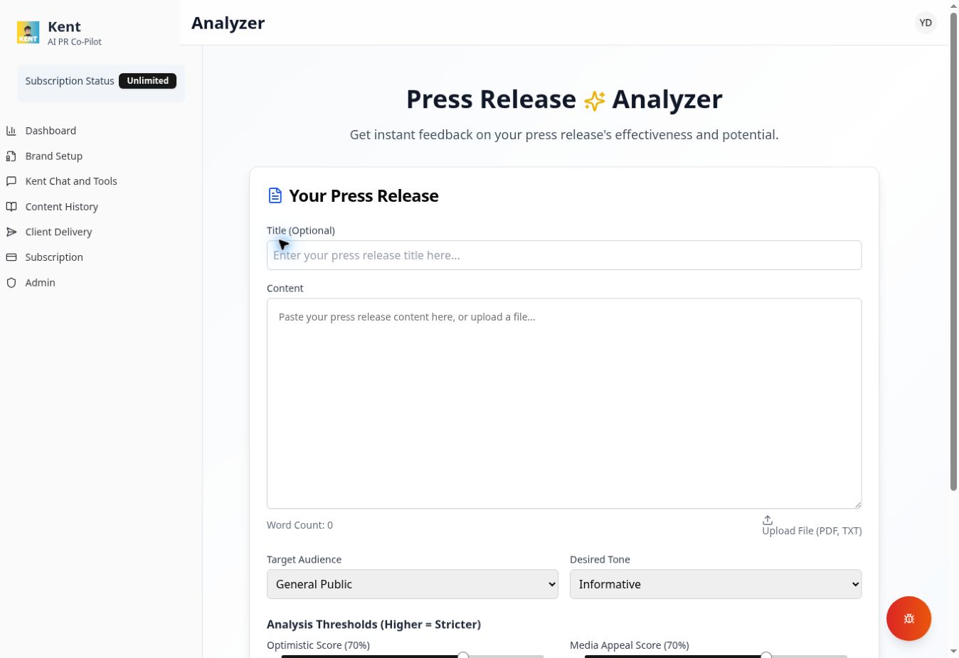 Kent Press Release Analyzer scoring a draft on optimistic tone and media appeal with adjustable threshold sliders and target audience controls.