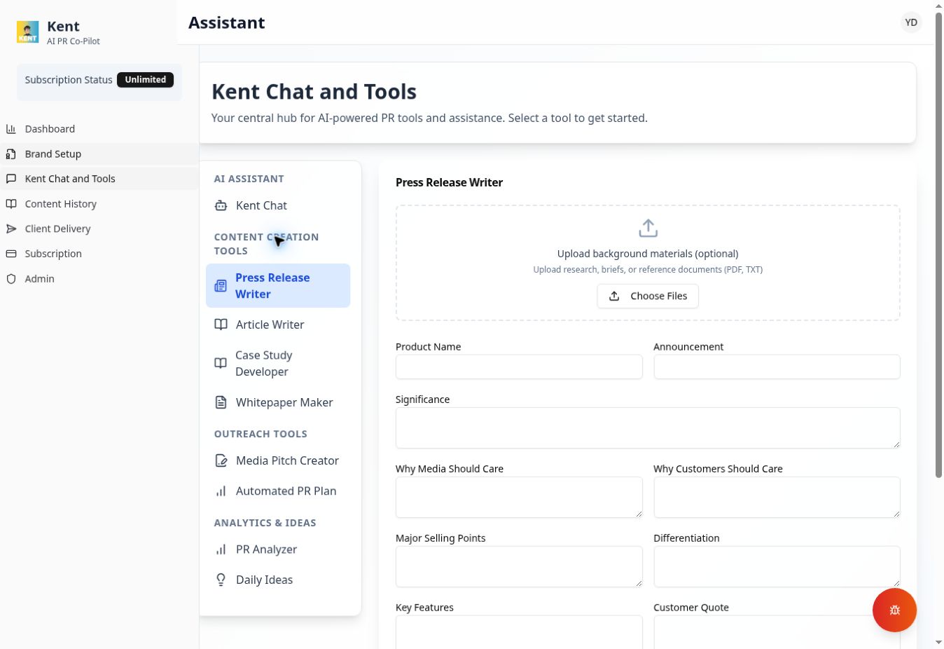 Kent Press Release Writer tool showing a guided brief form with fields for product name, announcement, significance, why media should care, and key selling points.