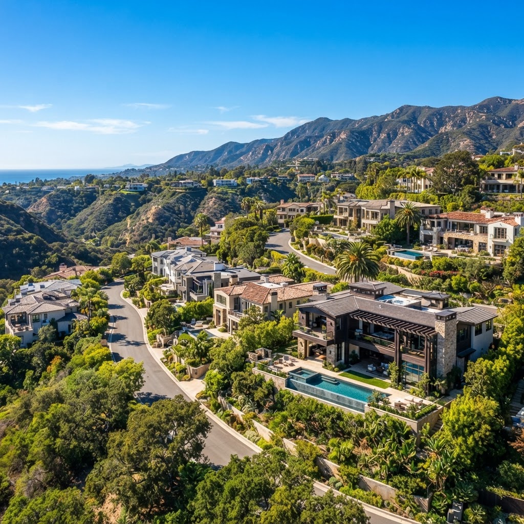 Pacific Palisades California hillside neighborhood with luxury homes