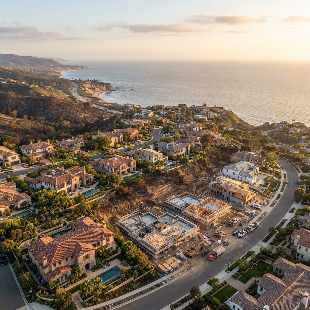 California coastal hillside neighborhood recovering after wildfire