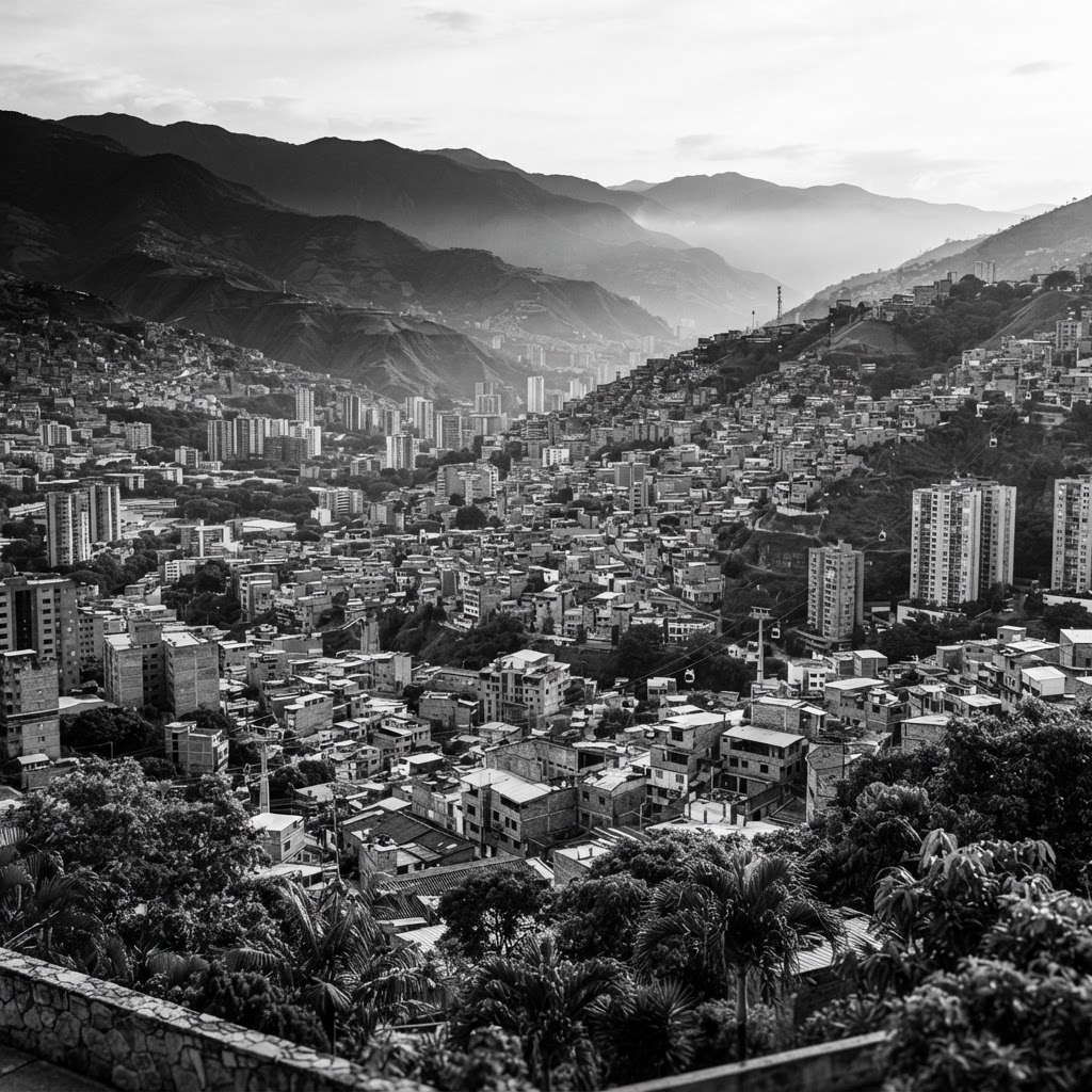 Black-and-white Latin American cityscape inspired by Medellín, with Andean mountains