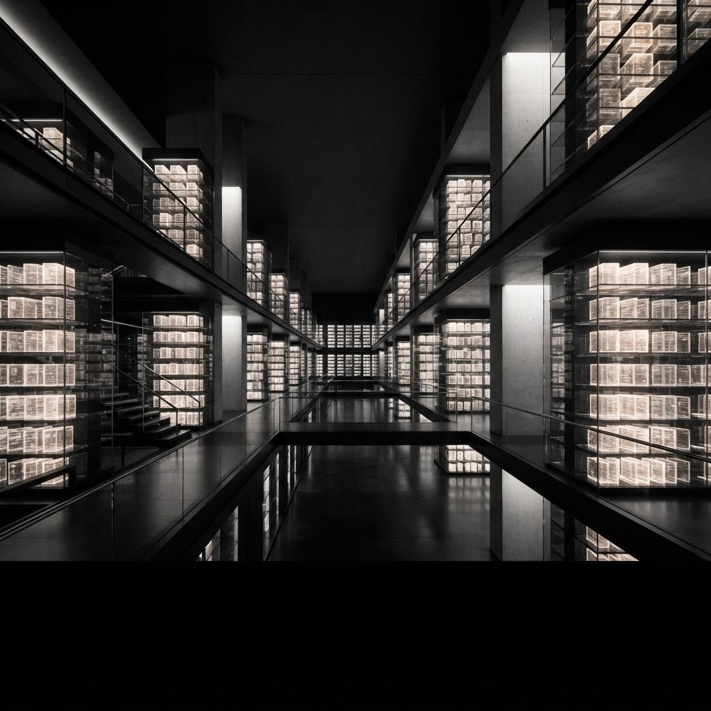 Archive of illuminated data records in a minimalist interior