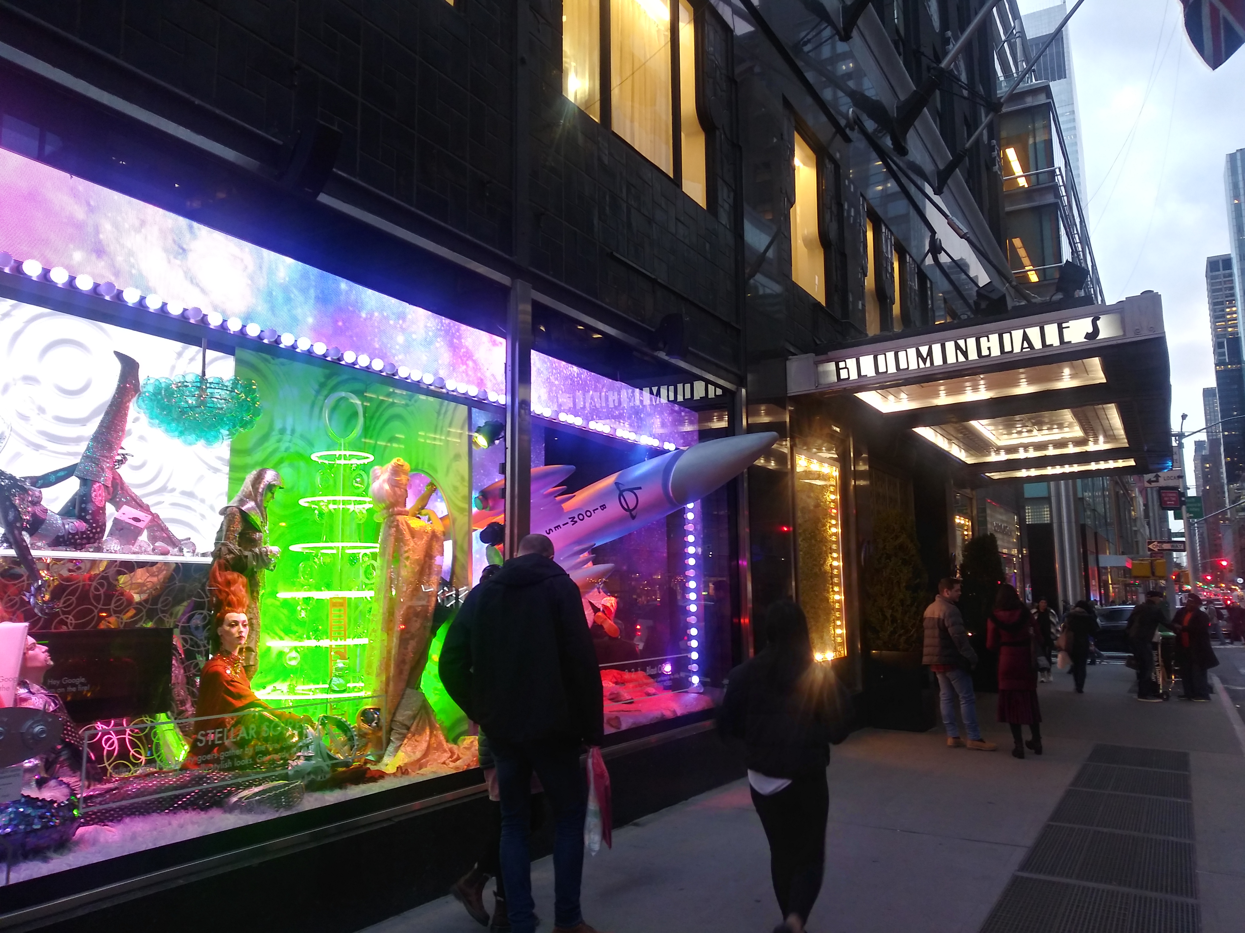 Bloomingdale's decorated storefront at night