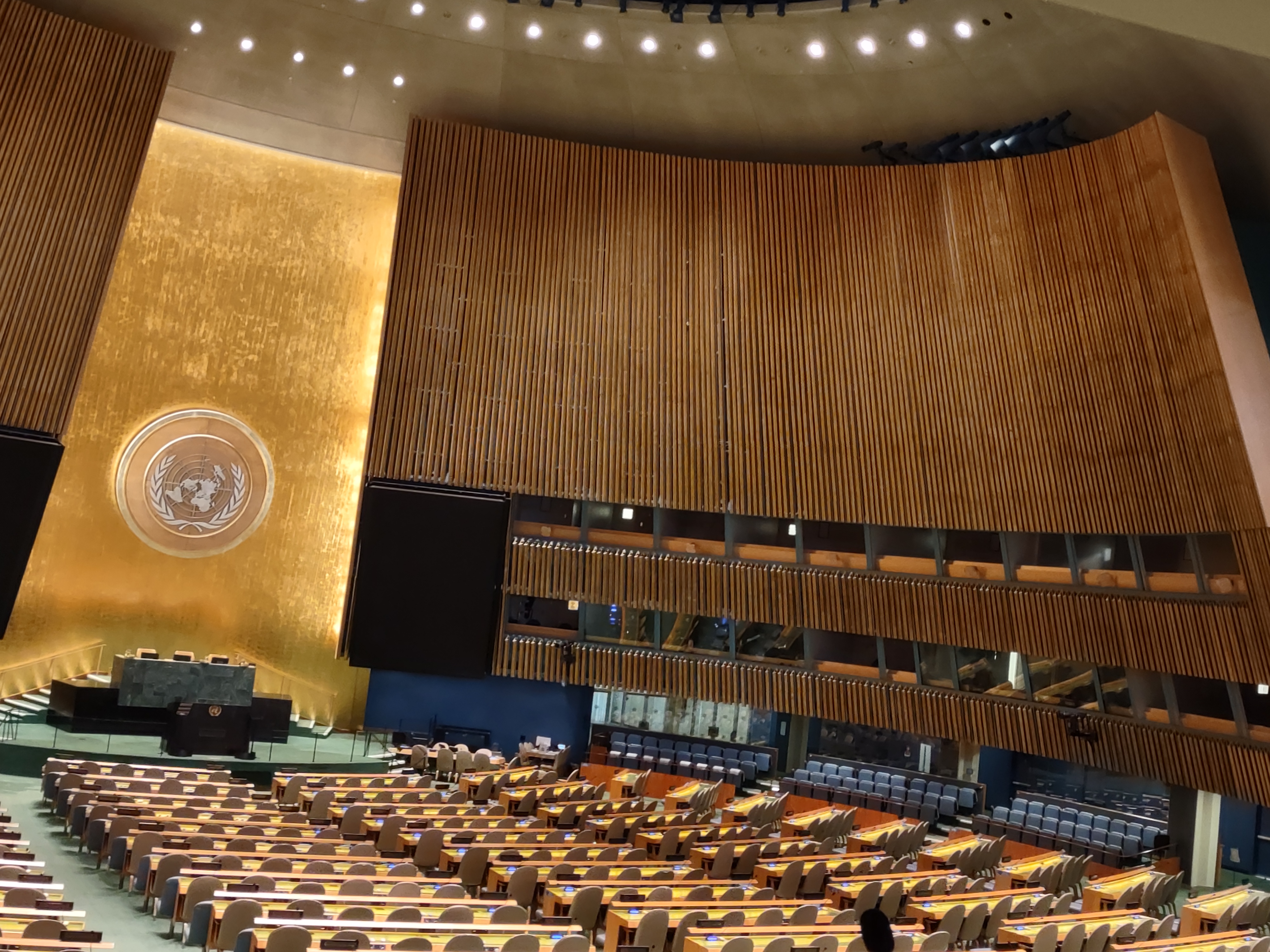 Elevated perspective of the United Nations General Assembly chamber