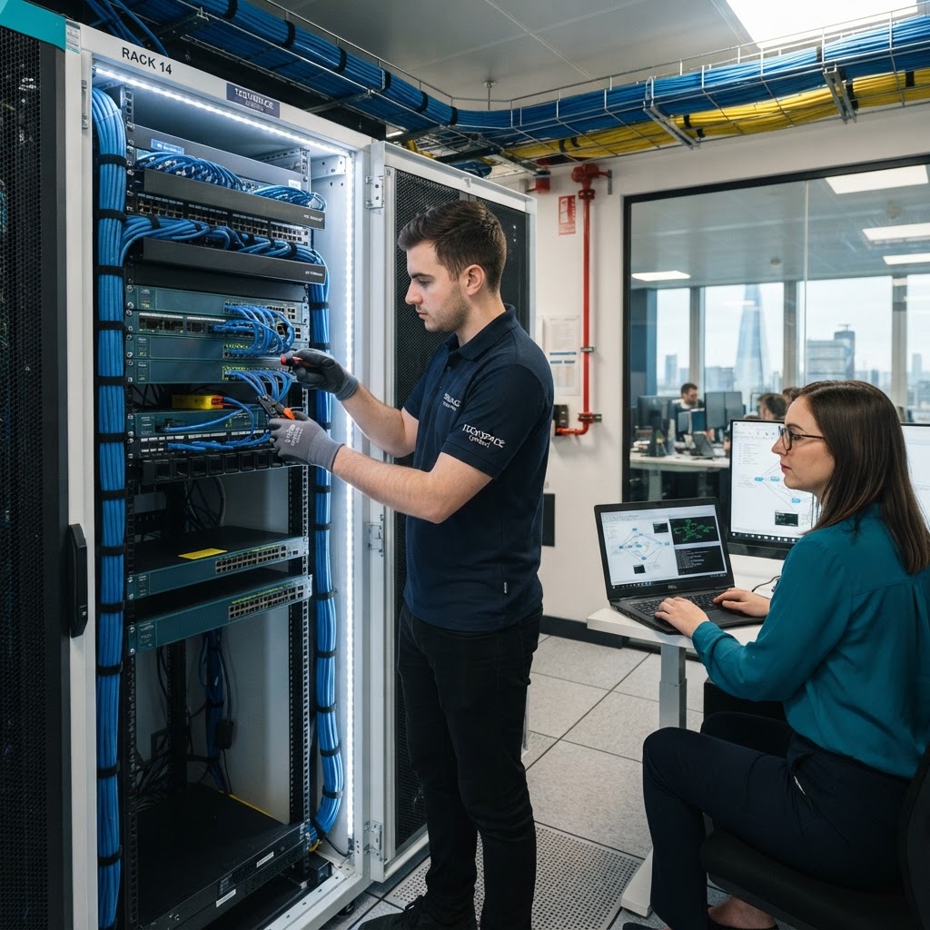 LANIX engineers upgrading office network switches and connectivity equipment in London