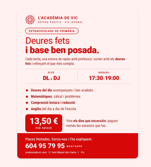 Cartell de les extraescolars de repàs de primària a L'Acadèmia de Vic: de dilluns a dijous, de 17:30 a 19:00