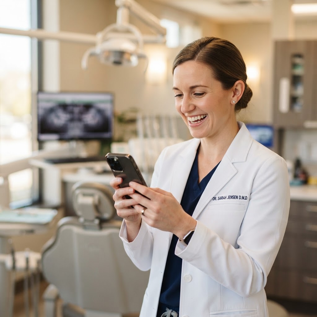 Dental professional checking ROI on phone