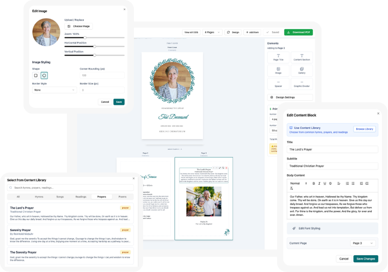 In Memory of Life family portal — Order of Service designer with image editing and content library