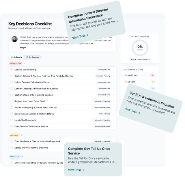 In Memory of Life family portal — Key Decisions Checklist showing every task organised in one place