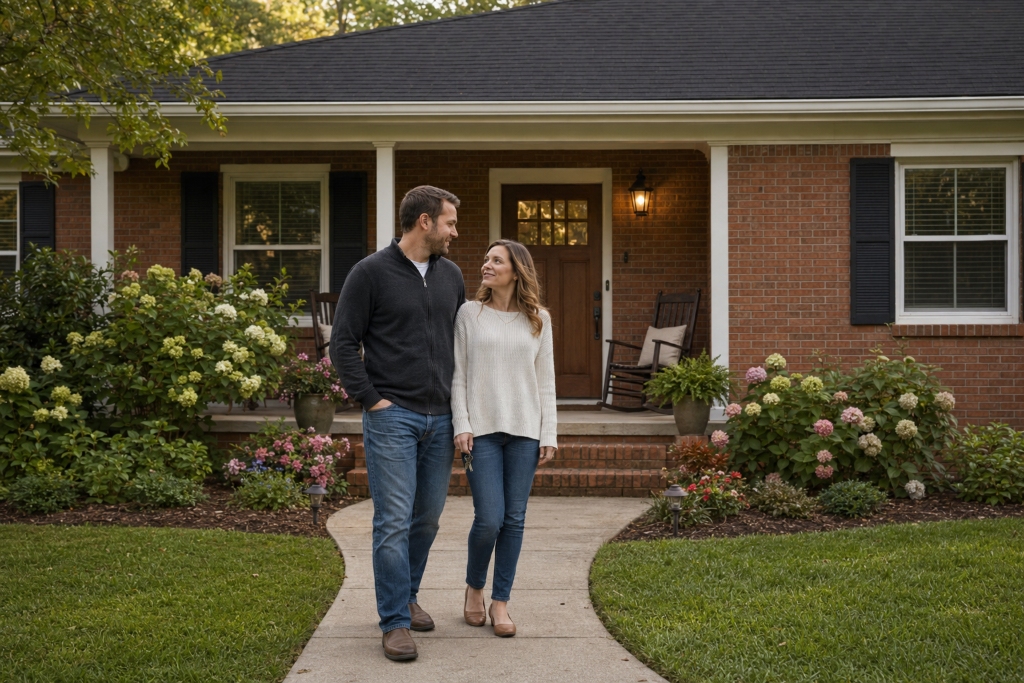 Homebuyers standing in front of their new home in Greenville, South Carolina