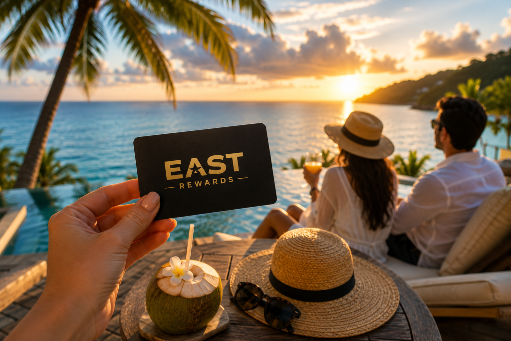 EAST Rewards membership card with luxury sunset pool setting