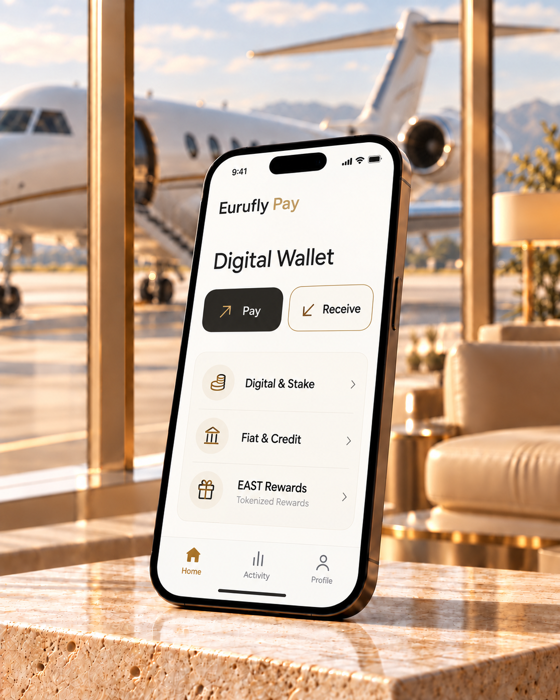 Eurufly Pay digital wallet on a phone in a private jet lounge at sunset