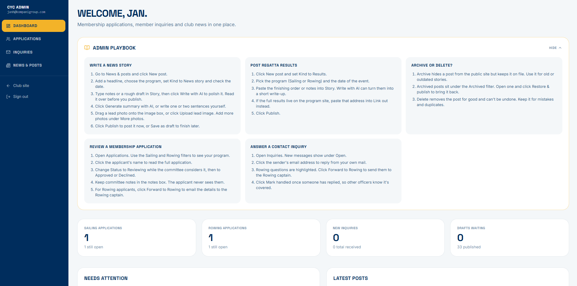 Catawba Yacht Club Hub Admin Dashboard & Playbook built by Kompani