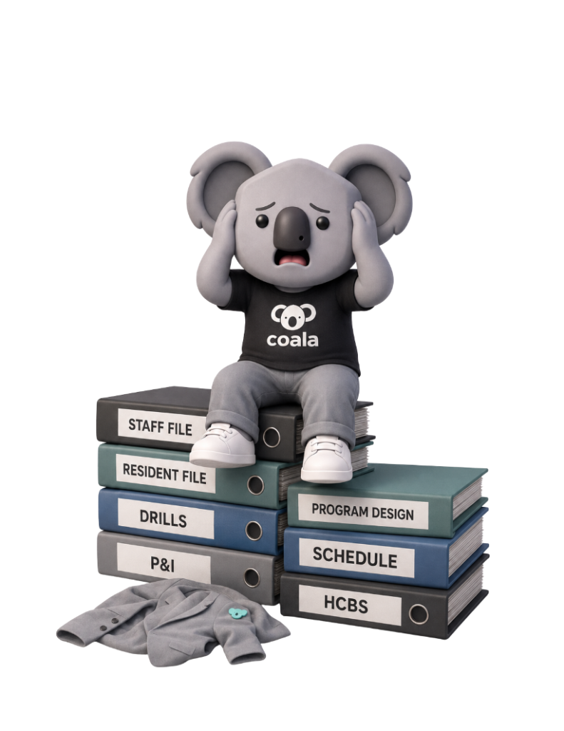 Overwhelmed koala mascot sitting on a stack of compliance binders