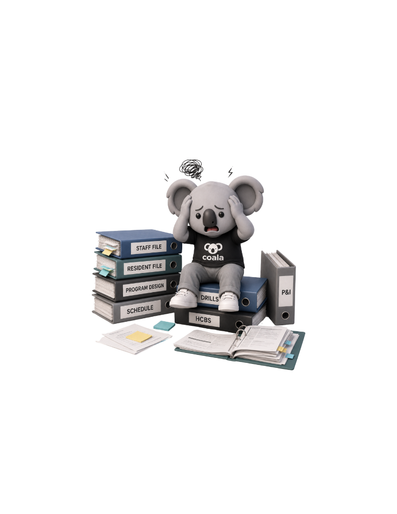 COALA mascot stressed and drowning in stacks of compliance binders