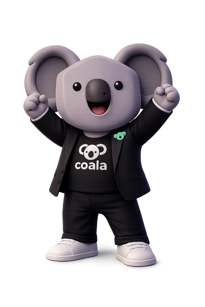 COALA mascot celebrating, ready for you to subscribe
