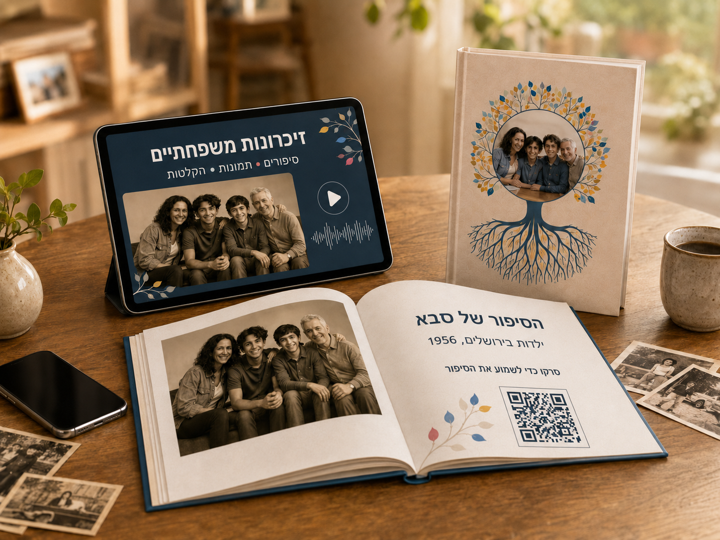 ספר משפחתי מודפס לצד טאבלט המציג תמונות, סיפורים והקלטות עם קוד QR להמחשת החיבור לדיגיטל