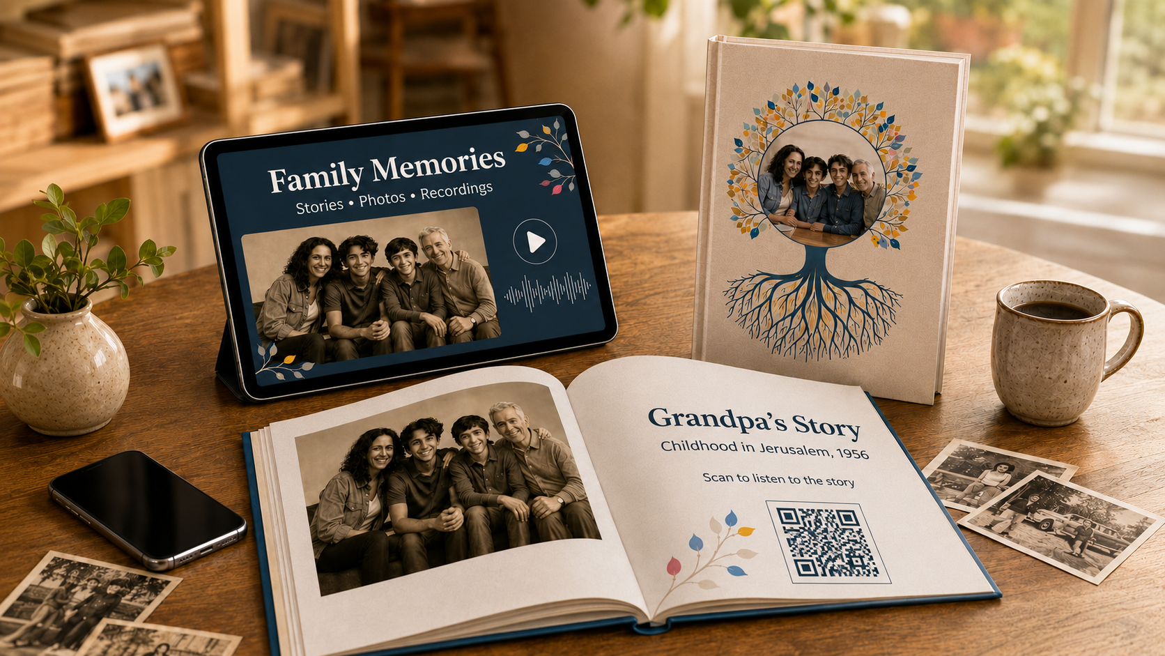 A printed family book beside a tablet showing photos, stories and recordings, with a QR code linking print and digital