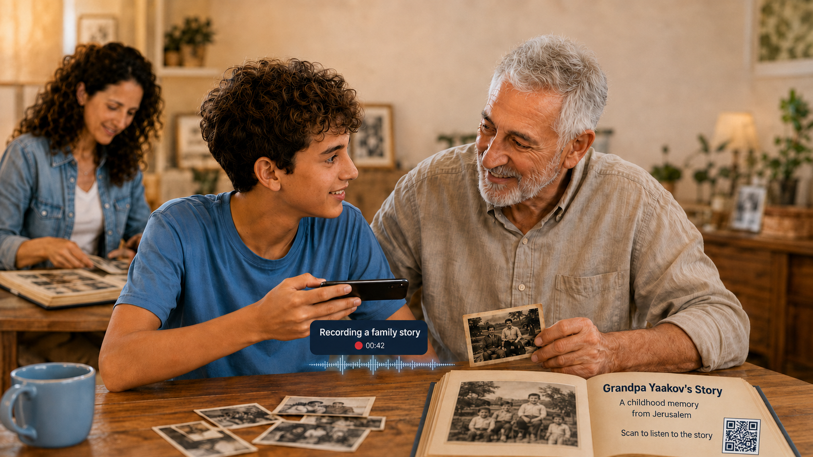 A teen records a family story with their grandfather, alongside old photos and a memory book with a QR code